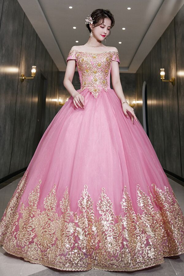 Off-Shoulder Tulle Ball Gown with Gold Embroidered Appliqué Hem