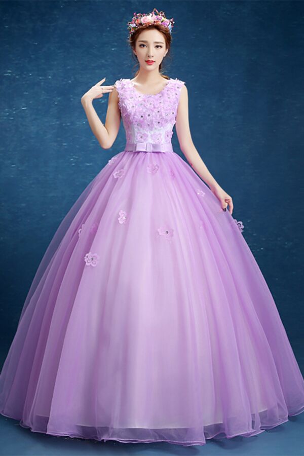 Lace Appliqué Tulle Ball Gown with Bow Belt – Sleeveless Scoop-Neck Prom