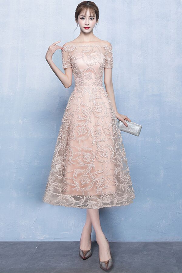 Embroidered Lace Tea-Length A-Line Evening Dress with Illusion Off-Shoulder Neckline