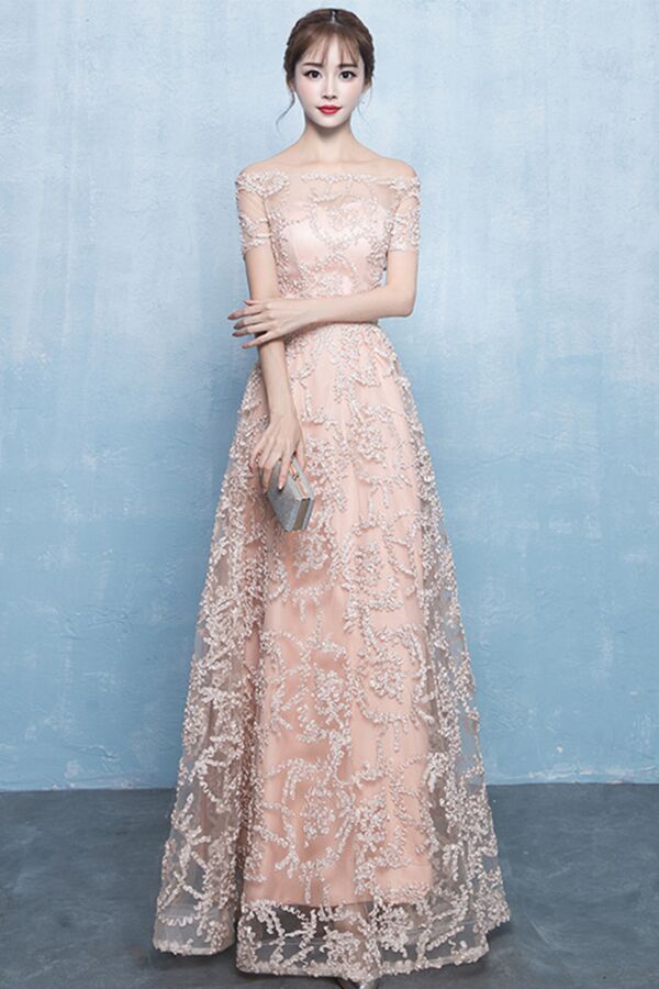 Off-Shoulder Embroidered Lace Evening Gown, Floor-Length A-Line with 