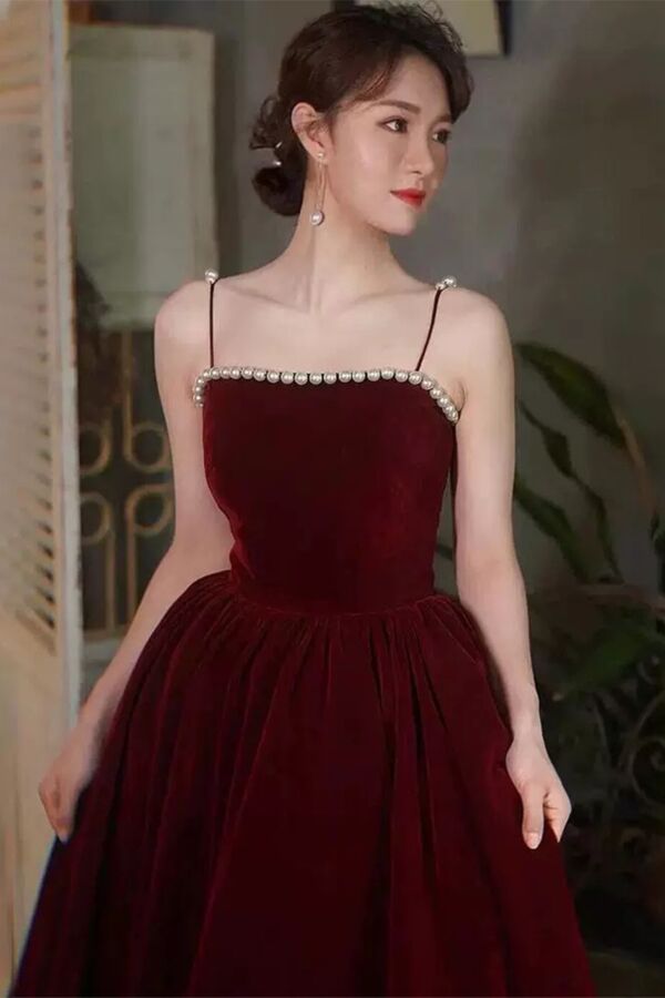 Burgundy Velvet Pearl-Trim Spaghetti Strap Ball Gown Evening Dress