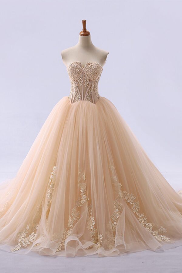 Strapless Corset Ball Gown with Lace Appliqué and Tulle Skirt