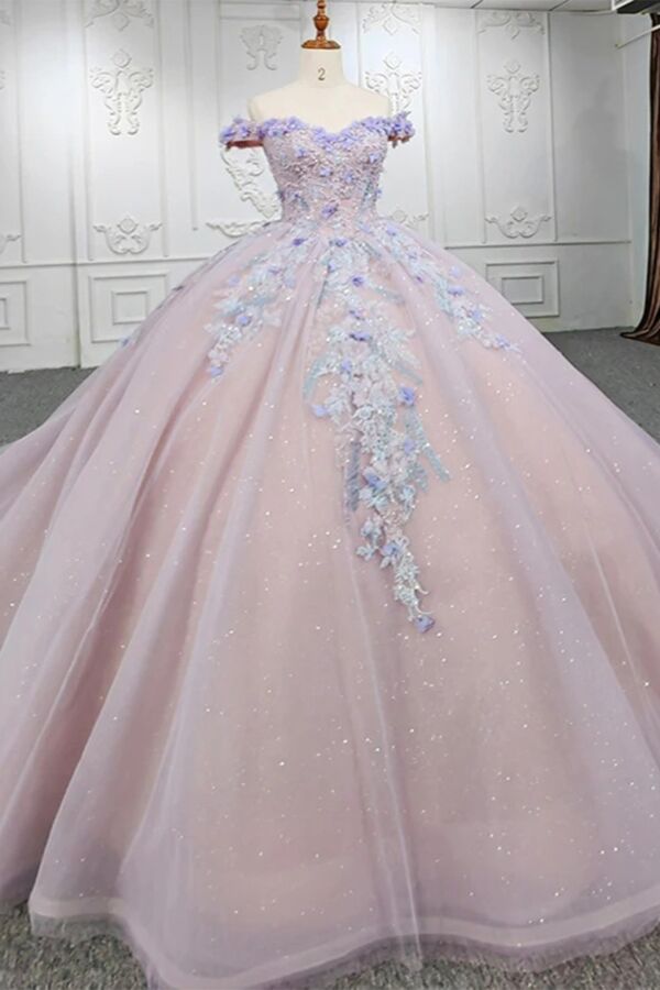 Blush Pink Off-Shoulder Sparkling Ball Gown with Blue Floral Appliqué – Fairytale Princess Evening Dress