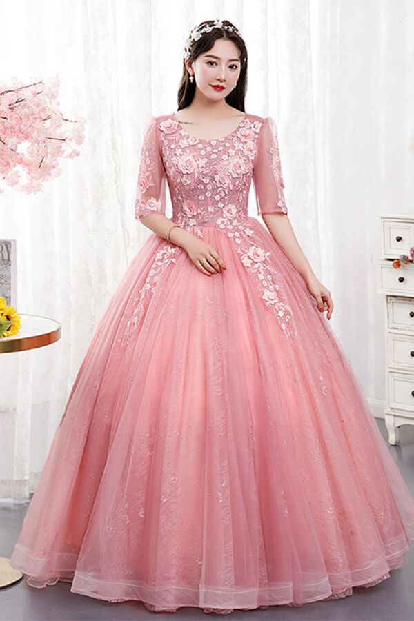 Elegant Pink Floral Embroidered Ball Gown