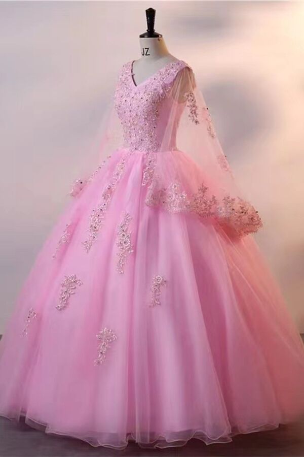 rincess Pink Tulle Ball Gown with Floral Lace Appliqué