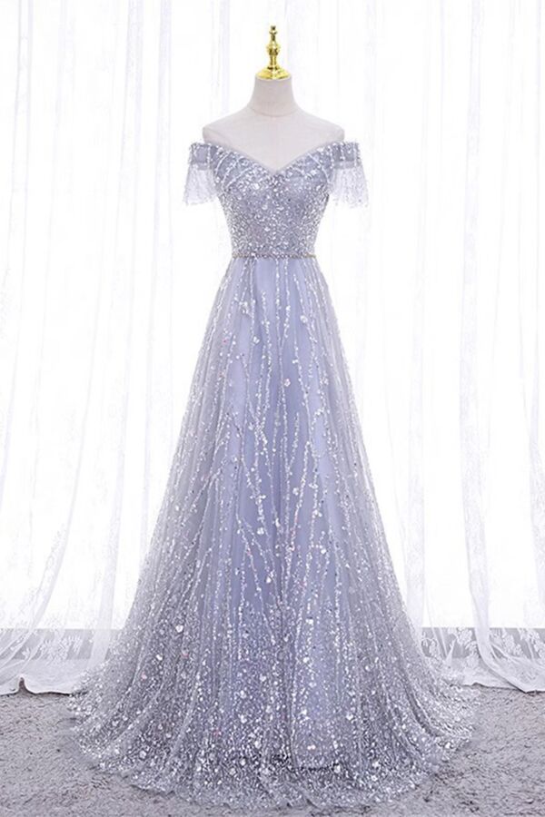 Elegant Silver Off-Shoulder Sequin Evening Gown