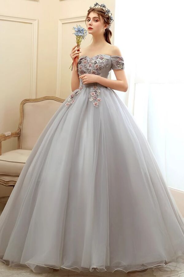 Elegant Silver Gray Off-Shoulder Ball Gown