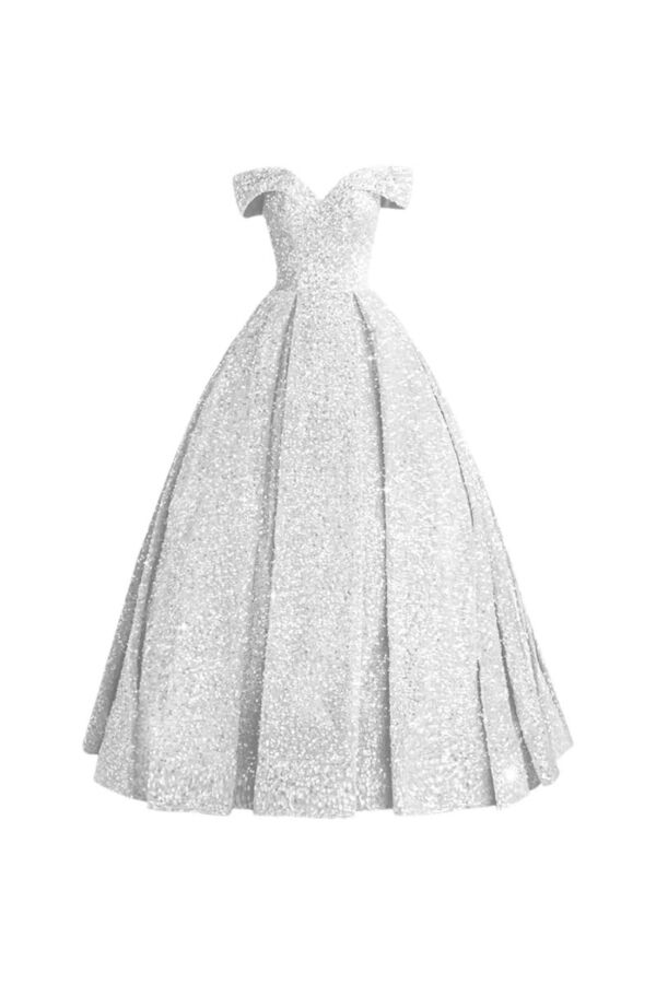 Princess Diana Inspired Silver Sequin Off-Shoulder Ball Gown