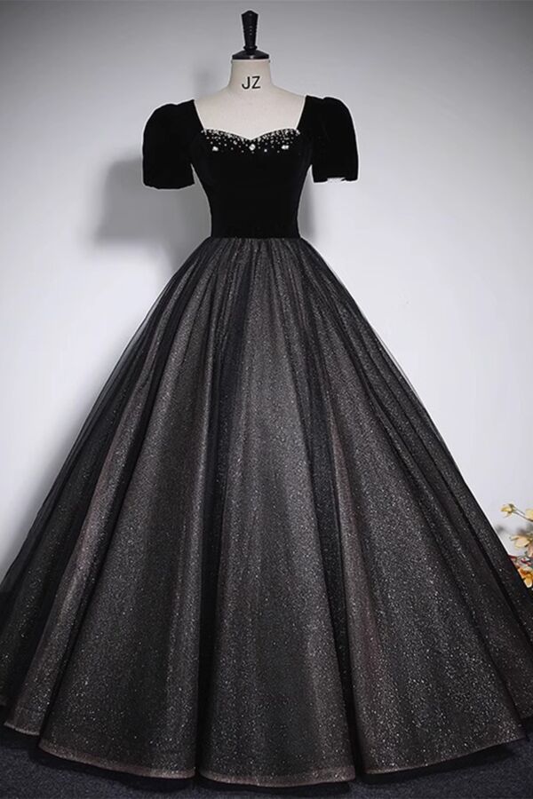 Black Velvet Puff-Sleeve Ball Gown with Beaded Sweetheart Neckline