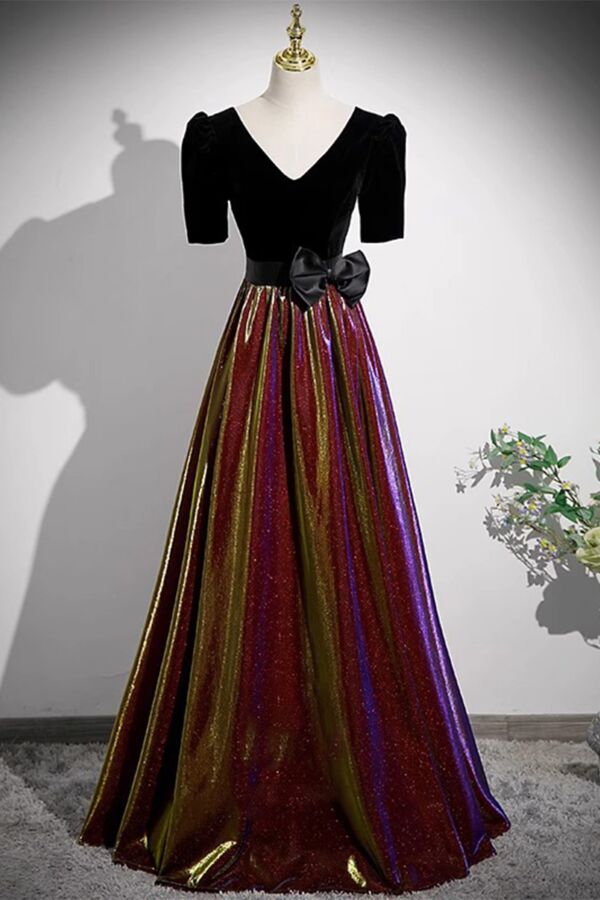 Black Velvet V-Neck Puff-Sleeve Evening Gown with Iridescent Rainbow Metallic A-Line Skirt and Satin Bow