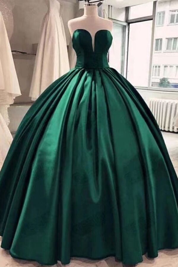 Emerald Green Satin Ball Gown with Strapless Sweetheart Neckline
