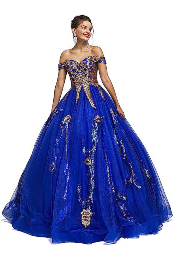 Off-Shoulder Quinceañera Ball Gown with Gold Sequin Embroidery