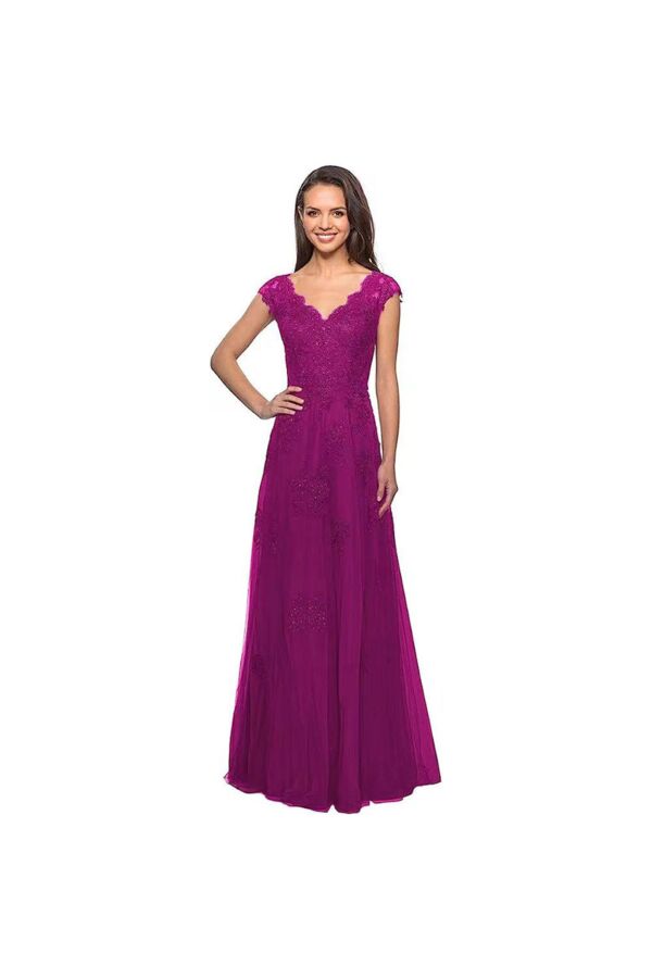 Lace Appliqué V-Neck A-Line Evening Gown with Cap Sleeves