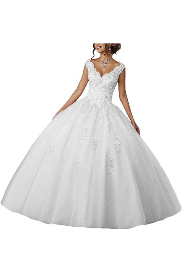 Lace Appliqué V-Neck Ball Gown Wedding Dress with Cap Sleeves