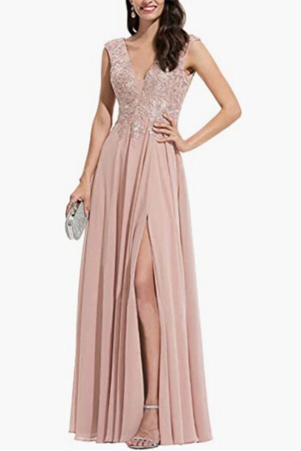 V-Neck Lace Appliqué A-Line Chiffon Evening Gown with Front Slit