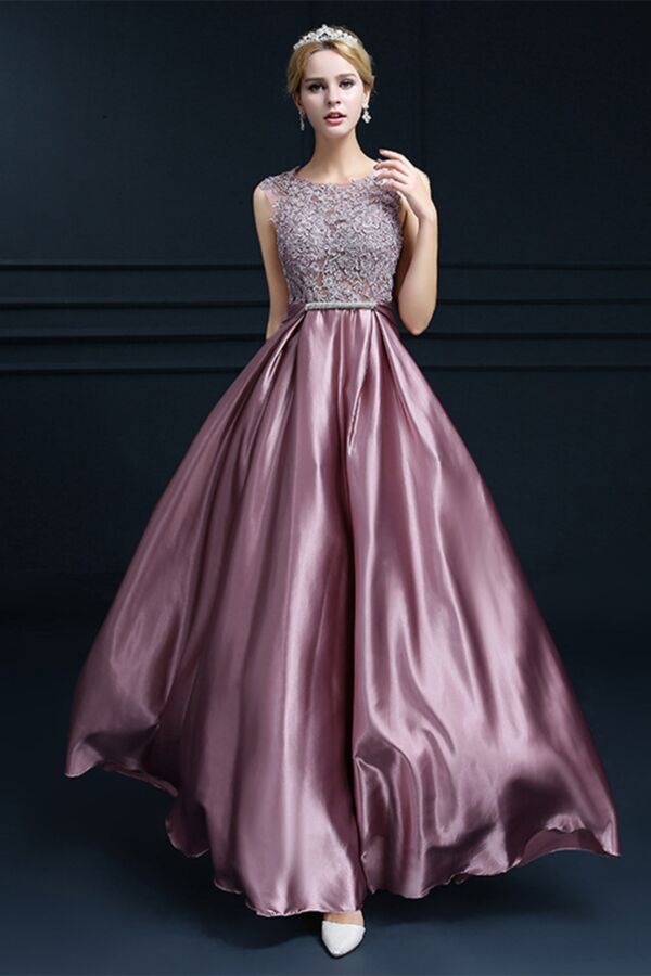 Bateau Neck A-Line Evening/Prom Dress with Beaded Waist