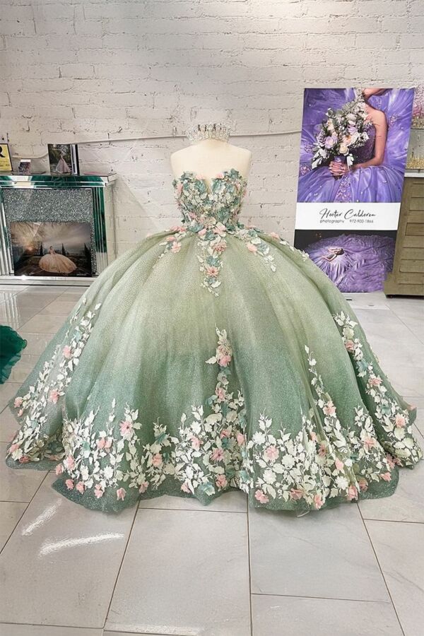 Whispering Spring – Green Gradient Flower Princess Dress