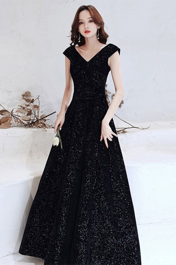 Black Glitter V-Neck Cap-Sleeve A-Line Evening Gown