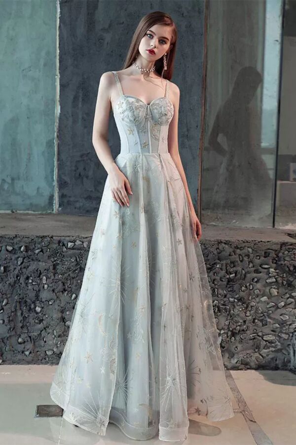 Silver Grey Celestial Embroidered Tulle A-Line Evening Gown