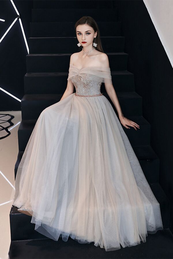 Champagne Off-the-Shoulder Tulle A-Line Evening Gown