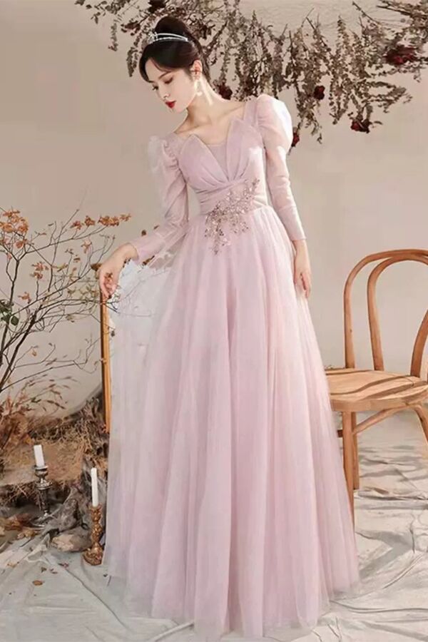 Puff-Shoulder Long-Sleeve Tulle A-Line Evening Gown