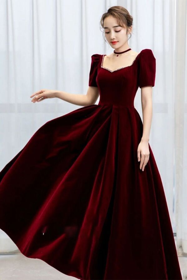 Velvet Puff-Sleeve Square-Neck Ball Gown