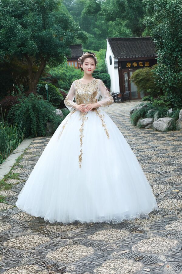 Golden Grace – White Tulle Ball Gown with Embroidered Bodice and Sheer Sleeves