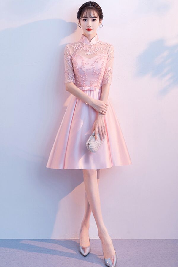 Blush Pink Qipao-Inspired Short Cocktail Dress