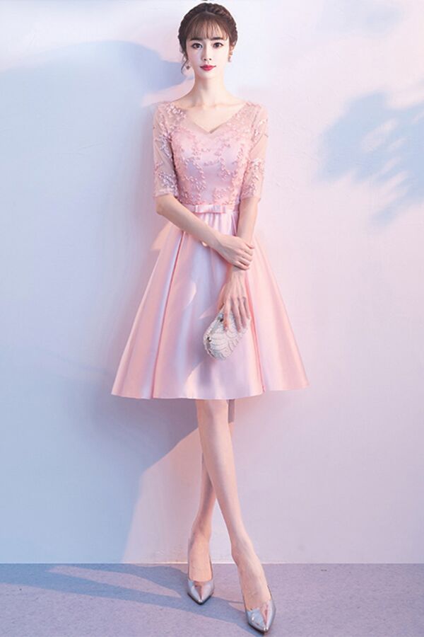 Blush Pink V-Neck Lace Illusion Bodice Short A-Line Satin Cocktail Dress