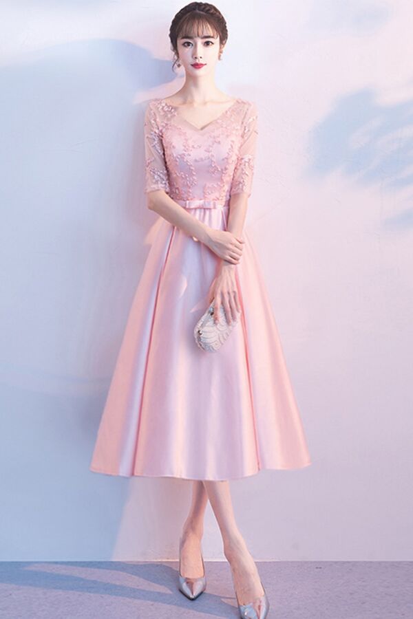 V-Neck Lace Illusion Bodice Tea-Length Satin A-Line Midi Dress