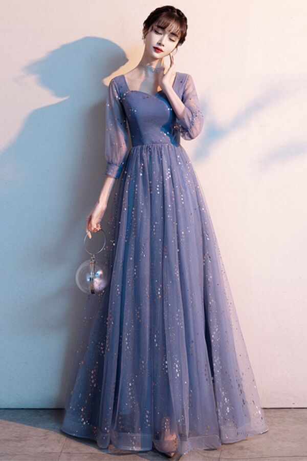 Square-Neck Glitter Tulle A-Line Evening Gown