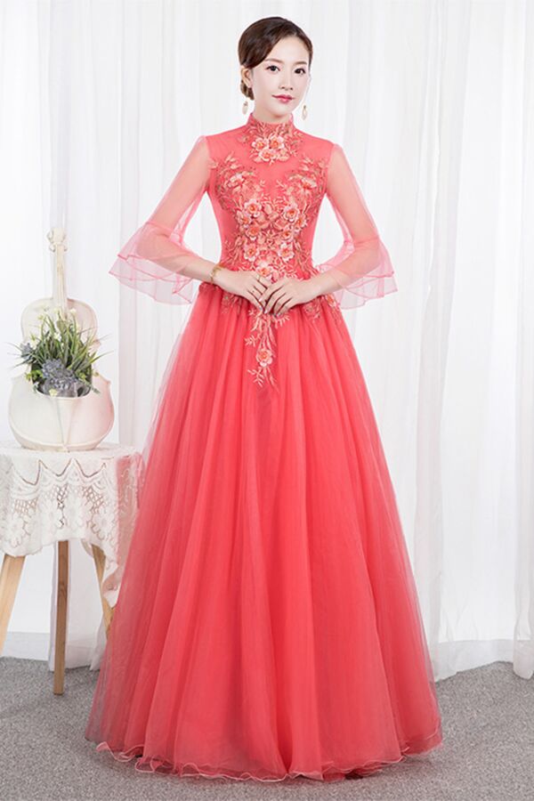 Coral Red Qipao-Inspired Embroidered Tulle Ball Gown