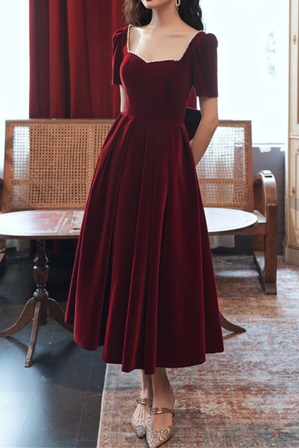 Burgundy Velvet Square-Neck Puff-Sleeve A-Line Midi Dress