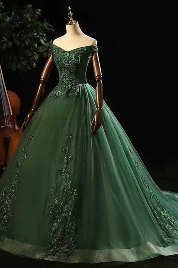 Emerald Green Off-the-Shoulder Lace Appliqué Tulle Ball Gown with Train