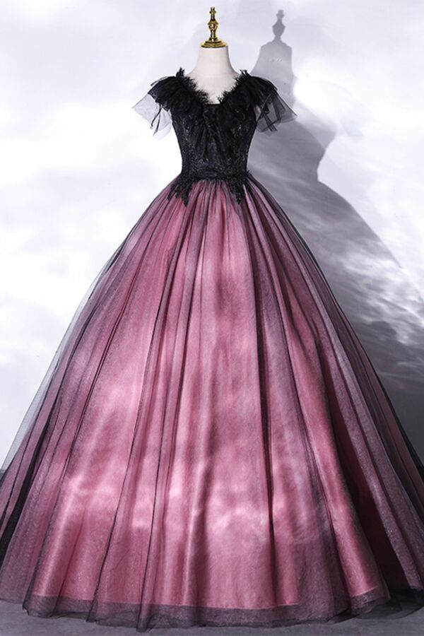 Feather-Trim Bodice with Dusty Rose Ombre Tulle Skirt, Gothic Quinceañera/Evening Dress