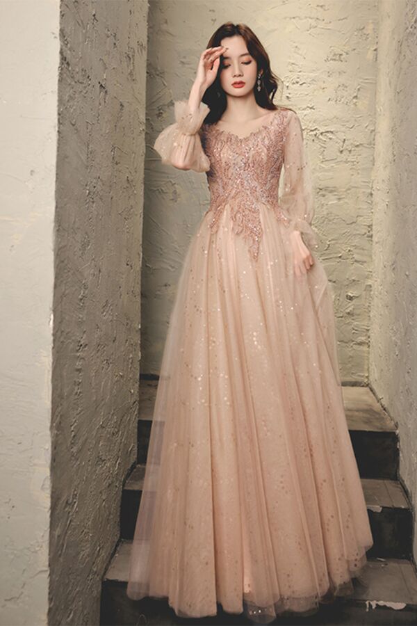 Champagne Sheer Bishop-Sleeve Lace Appliqué Tulle A-Line Evening Gown