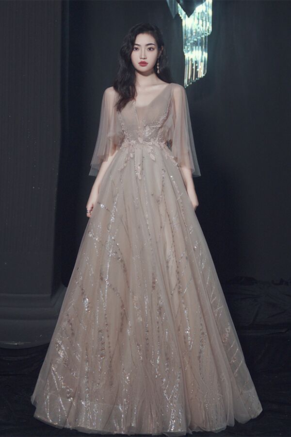 Taupe Deep V-Neck Glitter Tulle A-Line Evening Gown