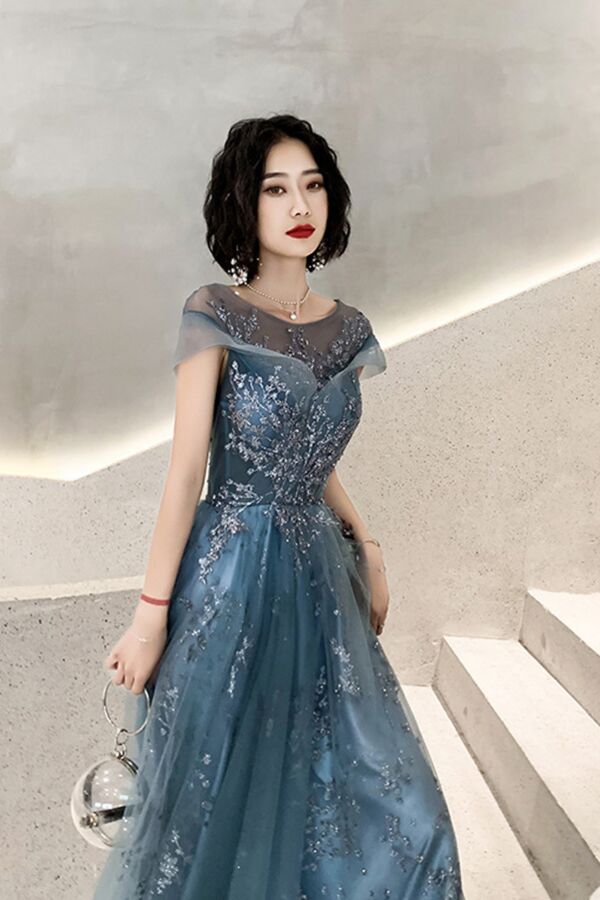 Teal Illusion Cape-Sleeve Beaded Tulle A-Line Evening Gown