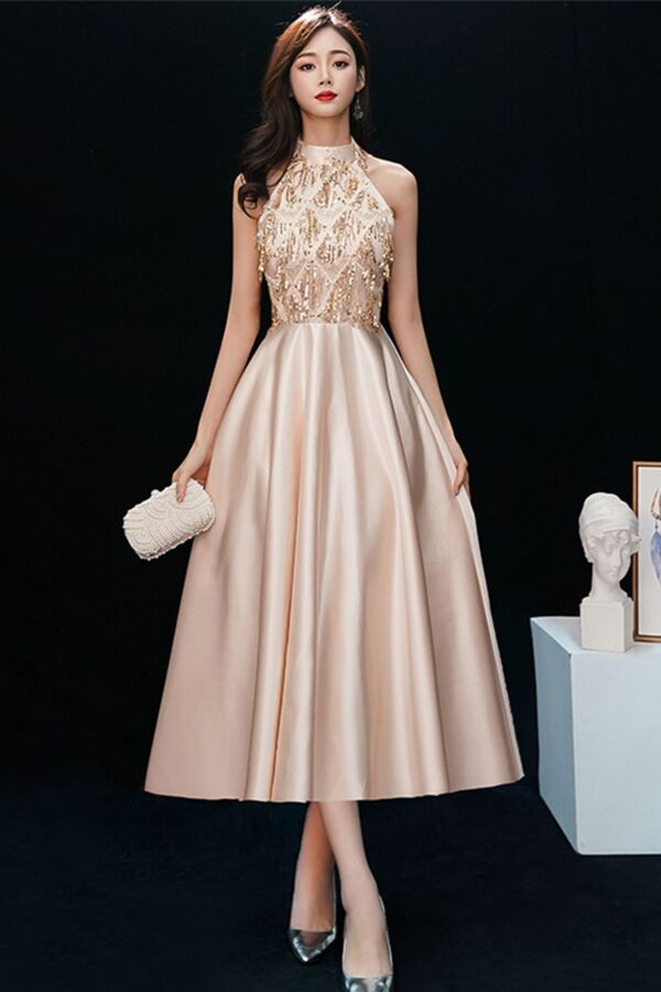 Gold Halter Sequin-Beaded Bodice Satin A-Line Tea-Length Evening/Prom Dress