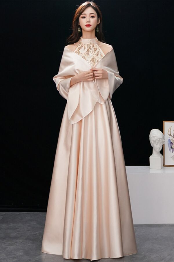 Halter Sequin Lace Bodice Satin A-Line Evening Gown with Matching Shawl