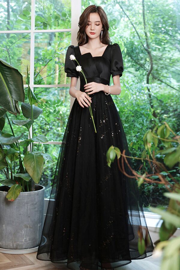 Black Puff-Sleeve Square-Neck Evening Gown