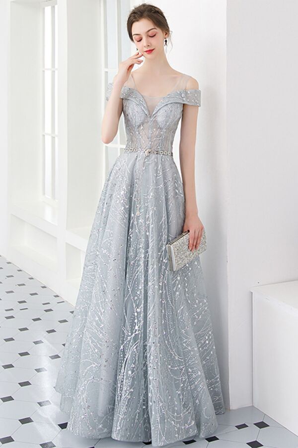 Off-Shoulder V-Neck Sequin A-Line Evening Gown with Illusion Straps