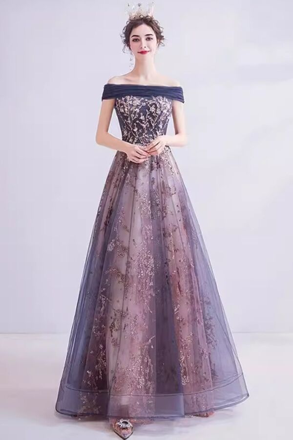 Navy & Mauve Off-Shoulder Embroidered Tulle A-Line Evening Gown
