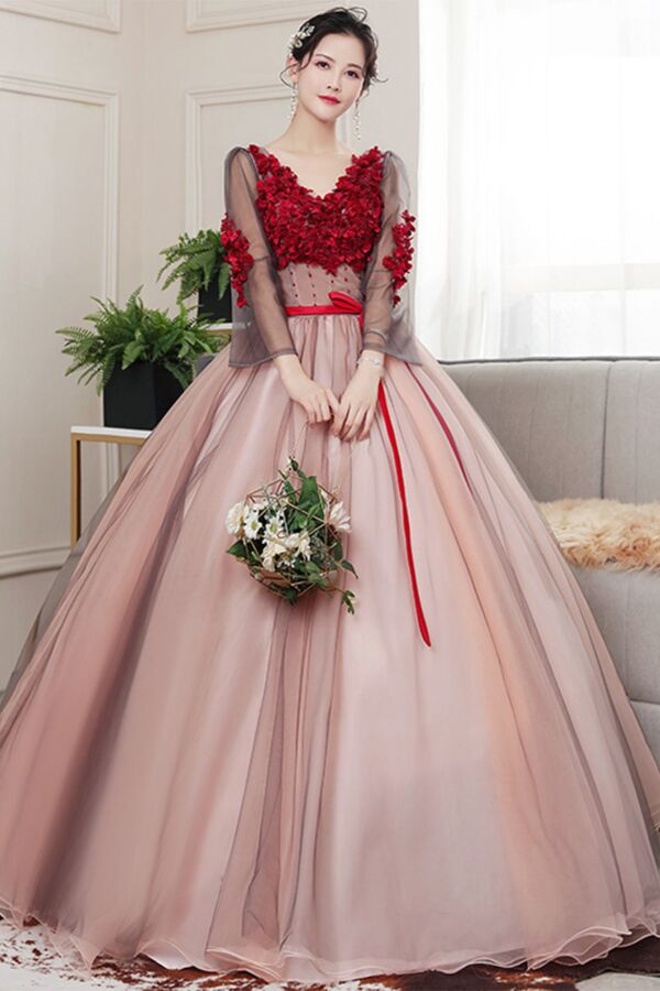 Long Sheer Sleeves, Red 3D Floral Appliqué V-Neck Bodice