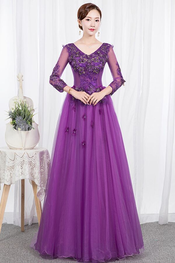 Royal Purple 3D Floral Appliqué V-Neck Sheer Long-Sleeve Tulle Ball Gown