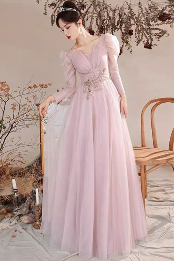 Sweetheart Illusion Neckline, Sheer Long Sleeves & Beaded Floral Waist Appliqué