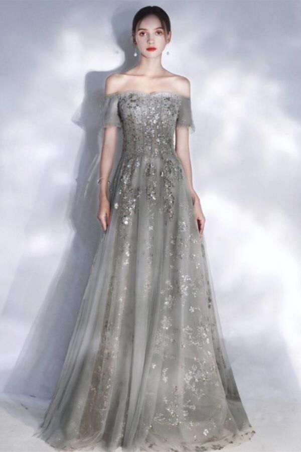 misty grey tulle with soft off-shoulder sleeves
