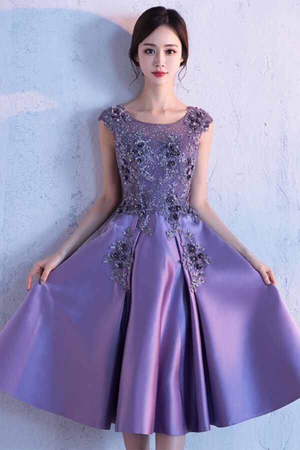 Elegant Purple Satin Cocktail Dress, Illusion Mesh Bodice, Midi Swing Skirt