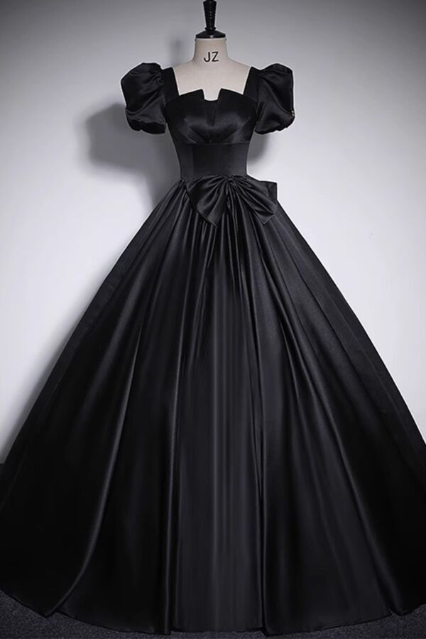 Elegant Black Evening Dress, Princess A-Line Skirt with Side Bow Detail
