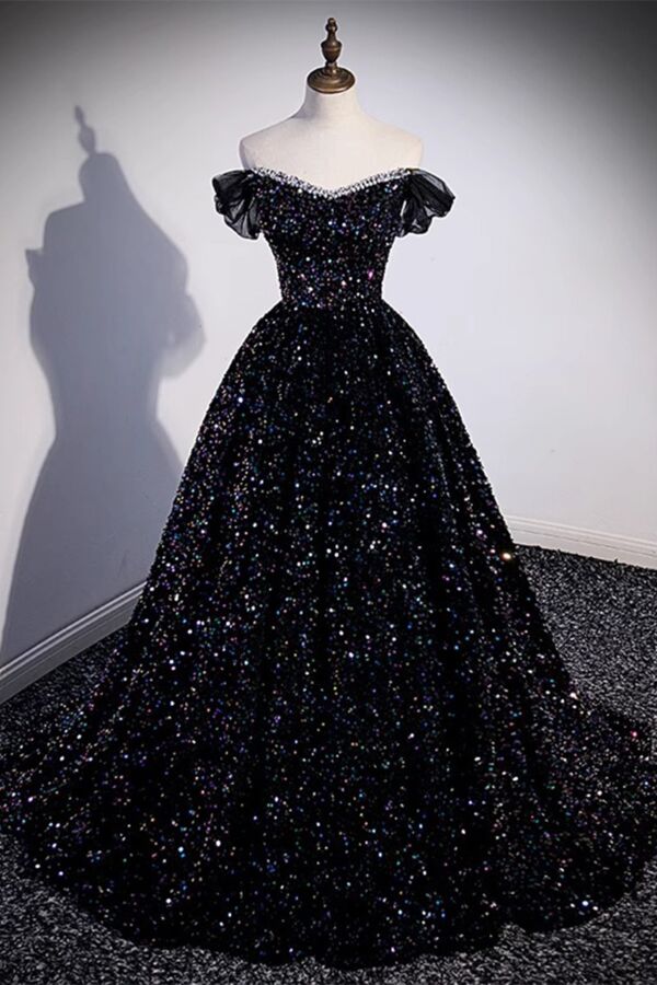 Black Sparkle Off-Shoulder Ball Gown – Glitter Sequin Princess Prom Dress with Puff Sleeves